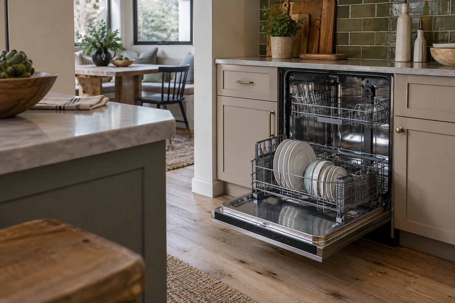 Illustrative Thermador dishwasher in a residential kitchen — AI image for Viking Repair Easton