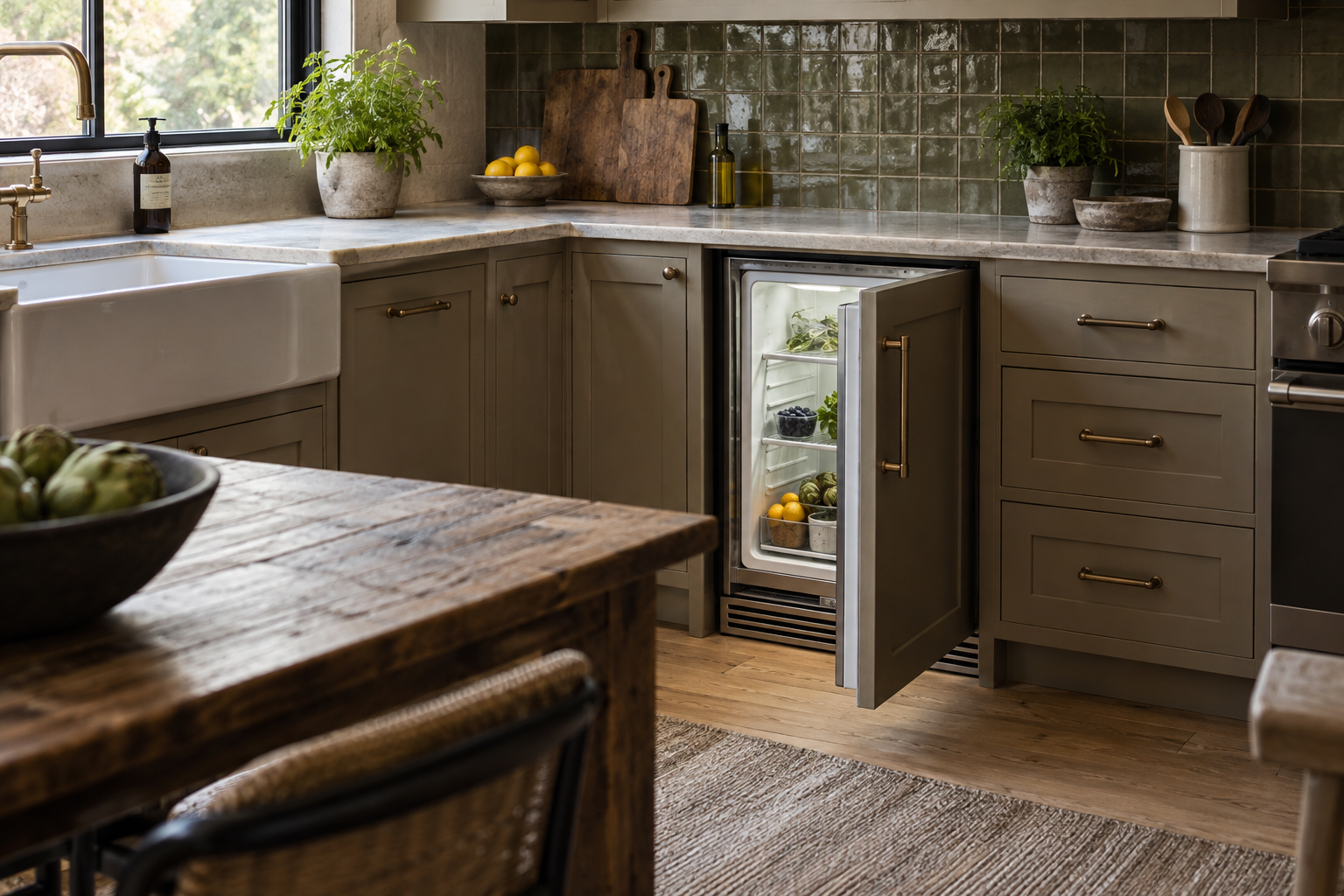 Illustrative Sub-Zero undercounter refrigerator in a residential kitchen — AI image for Viking Repair Easton