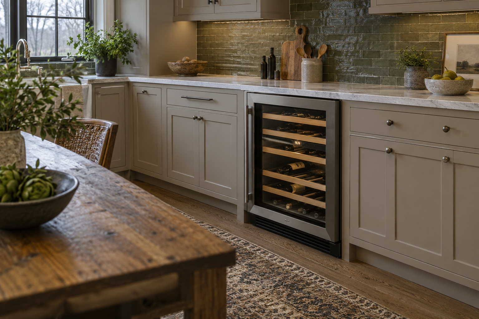 Illustrative Monogram wine cooler in a residential kitchen — AI image for Viking Repair Easton