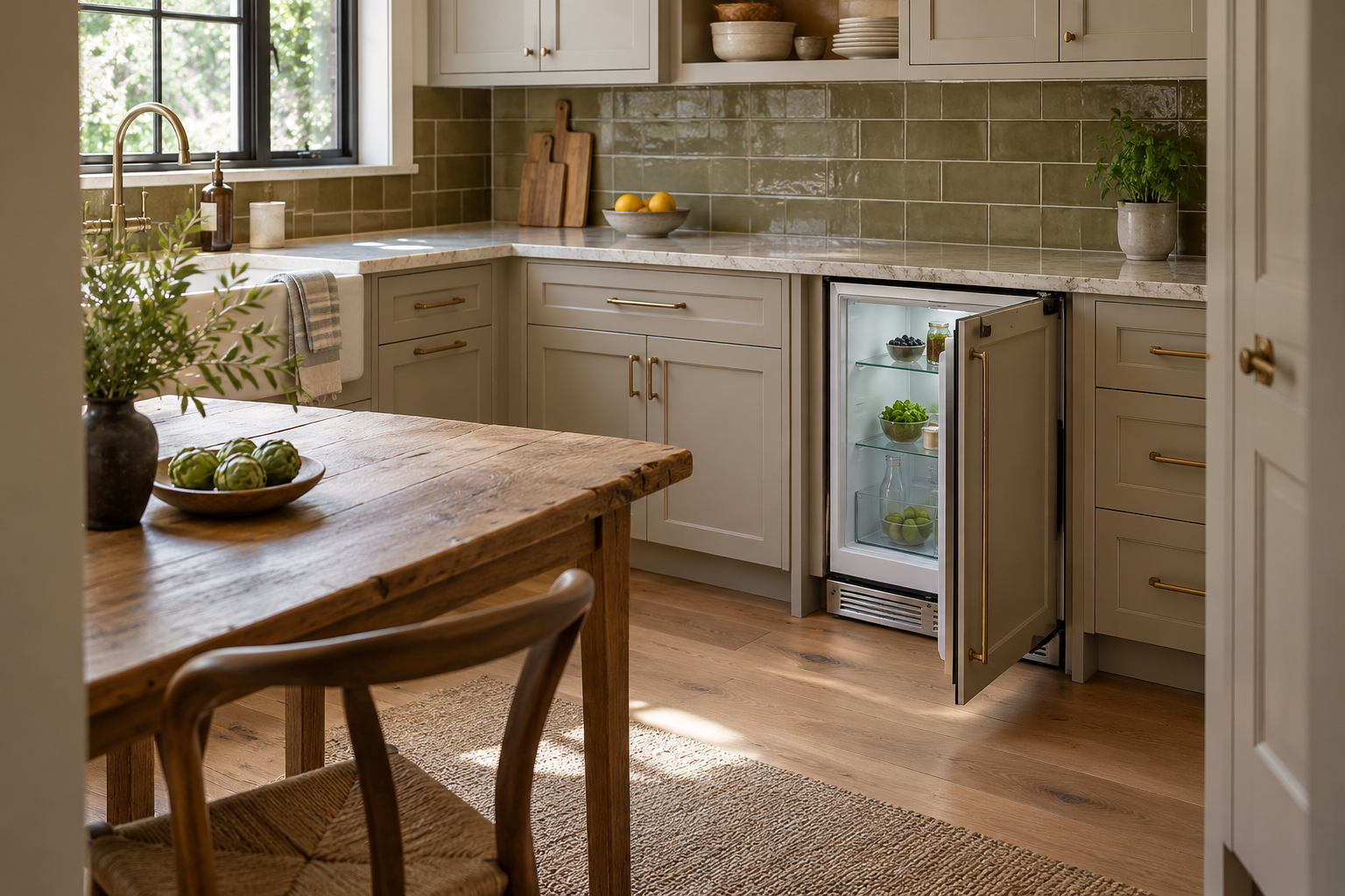 Illustrative Sub-Zero undercounter refrigerator in a residential kitchen — AI image for Viking Repair Easton