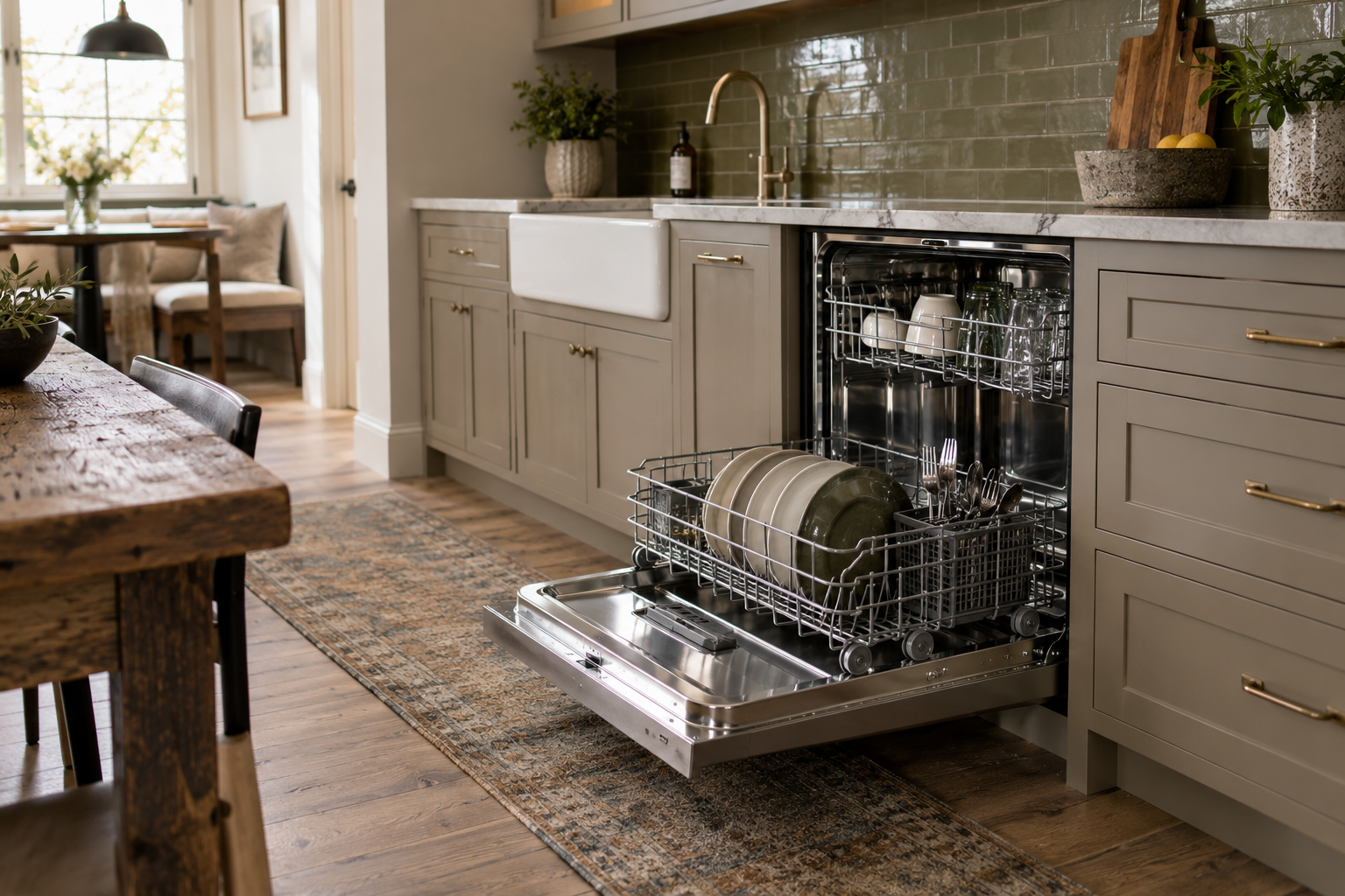 Illustrative Monogram dishwasher in a residential kitchen — AI image for Viking Repair Easton