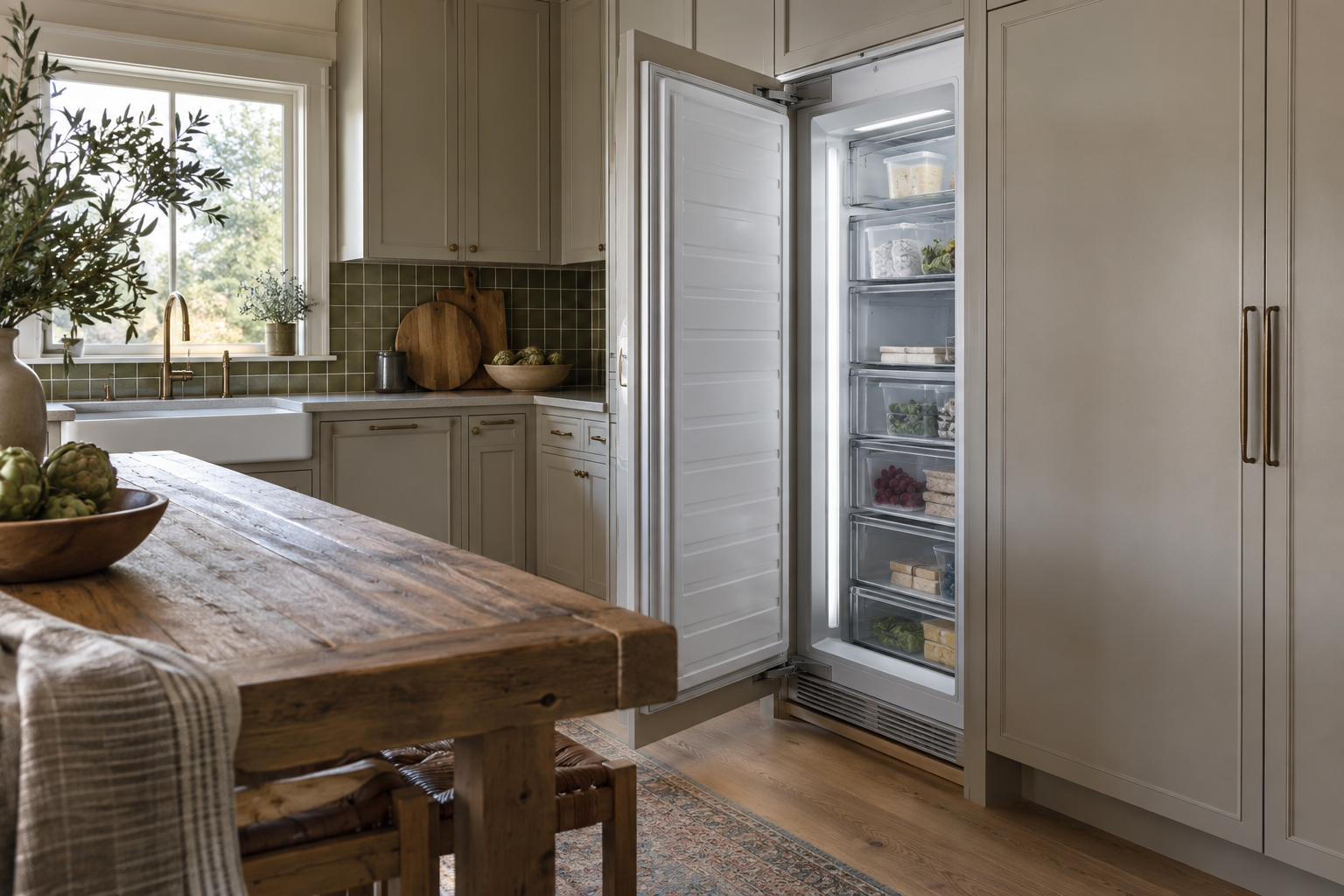 Illustrative Monogram freezer in a residential kitchen — AI image for Viking Repair Easton