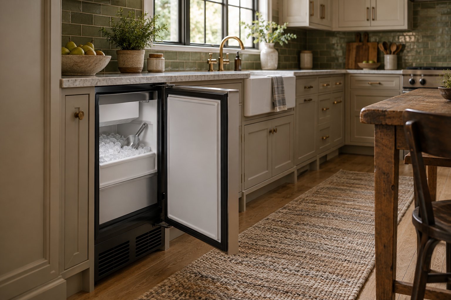 Illustrative Monogram ice maker in a residential kitchen — AI image for Viking Repair Easton