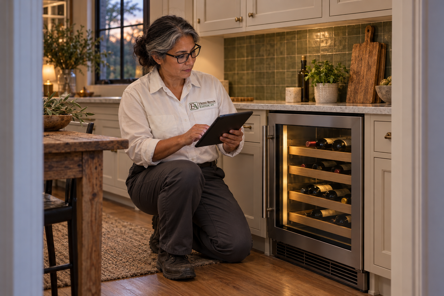 Fictional technician beside a Monogram wine cooler — AI illustration for Viking Repair Easton