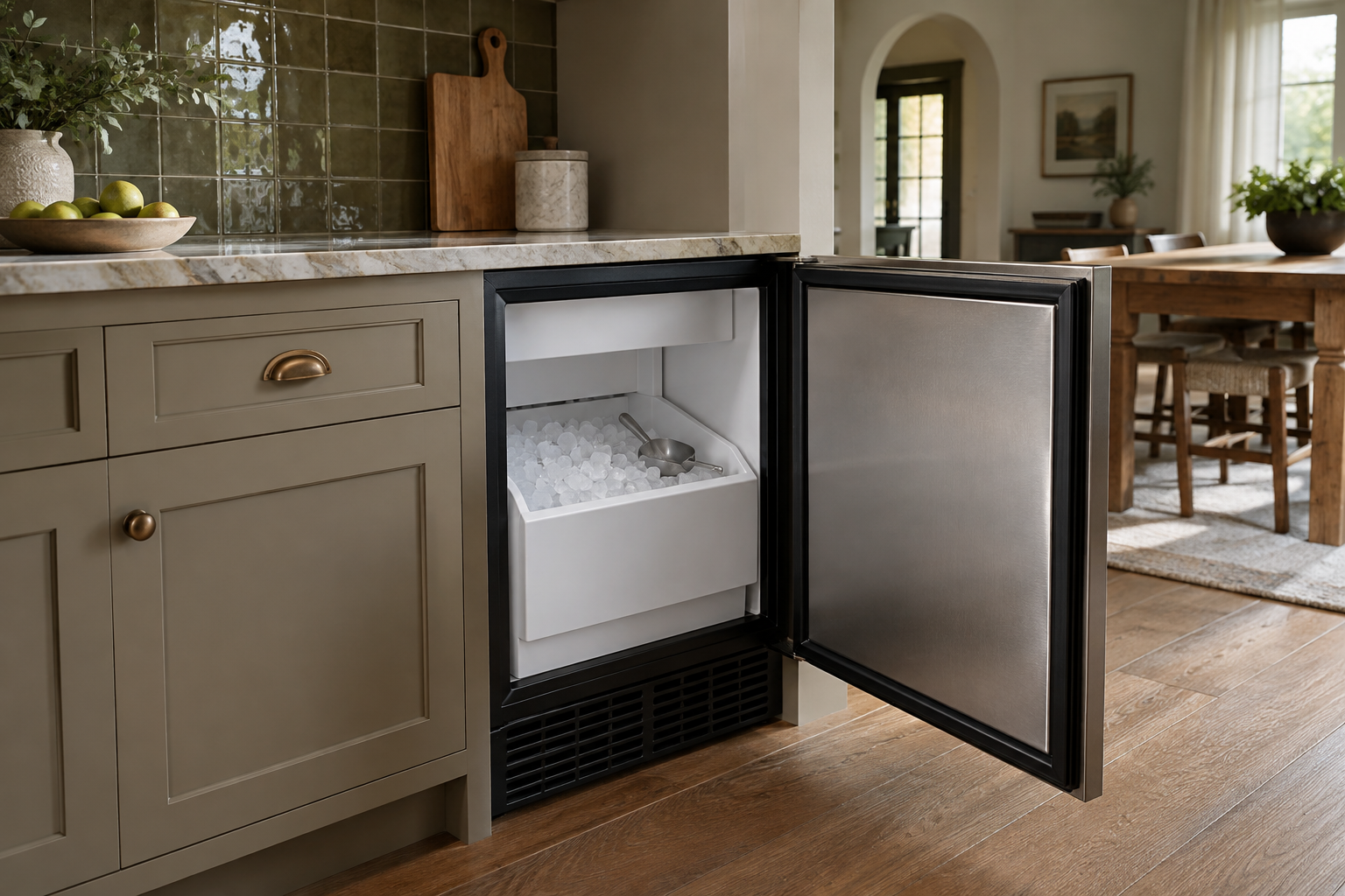 Illustrative Sub-Zero ice maker in a residential kitchen — AI image for Viking Repair Easton