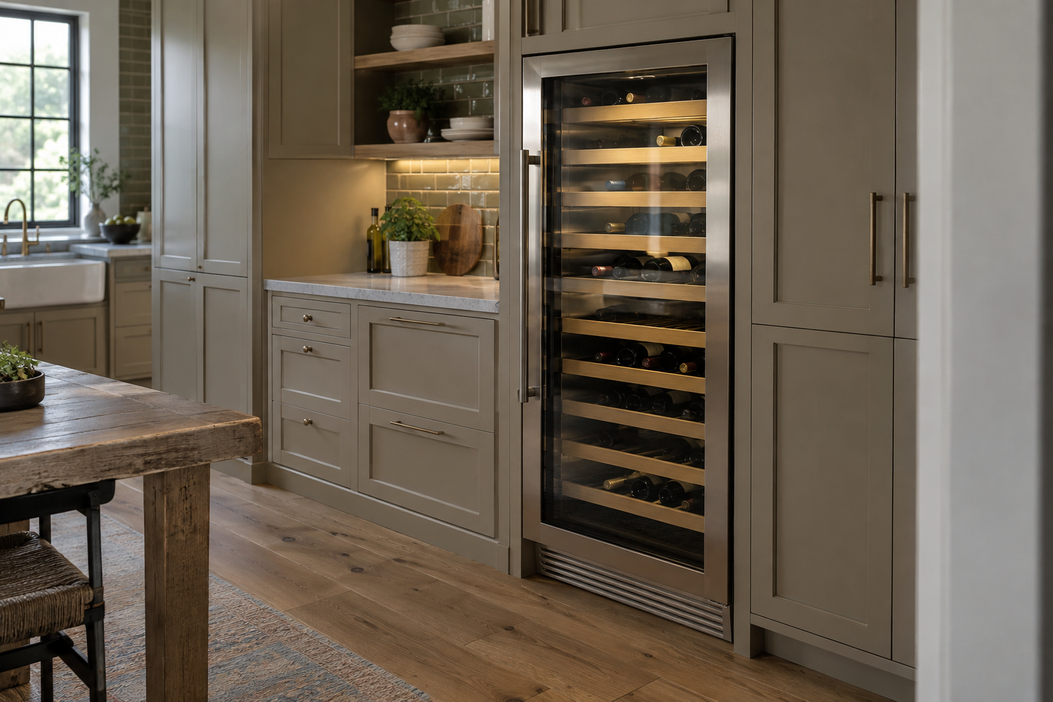 Illustrative Sub-Zero wine cooler in a residential kitchen — AI image for Viking Repair Easton