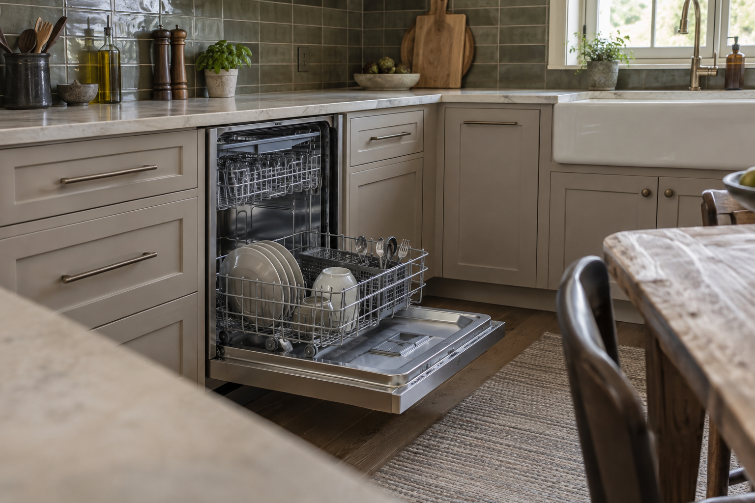Illustrative Thermador dishwasher in a residential kitchen — AI image for Viking Repair Easton