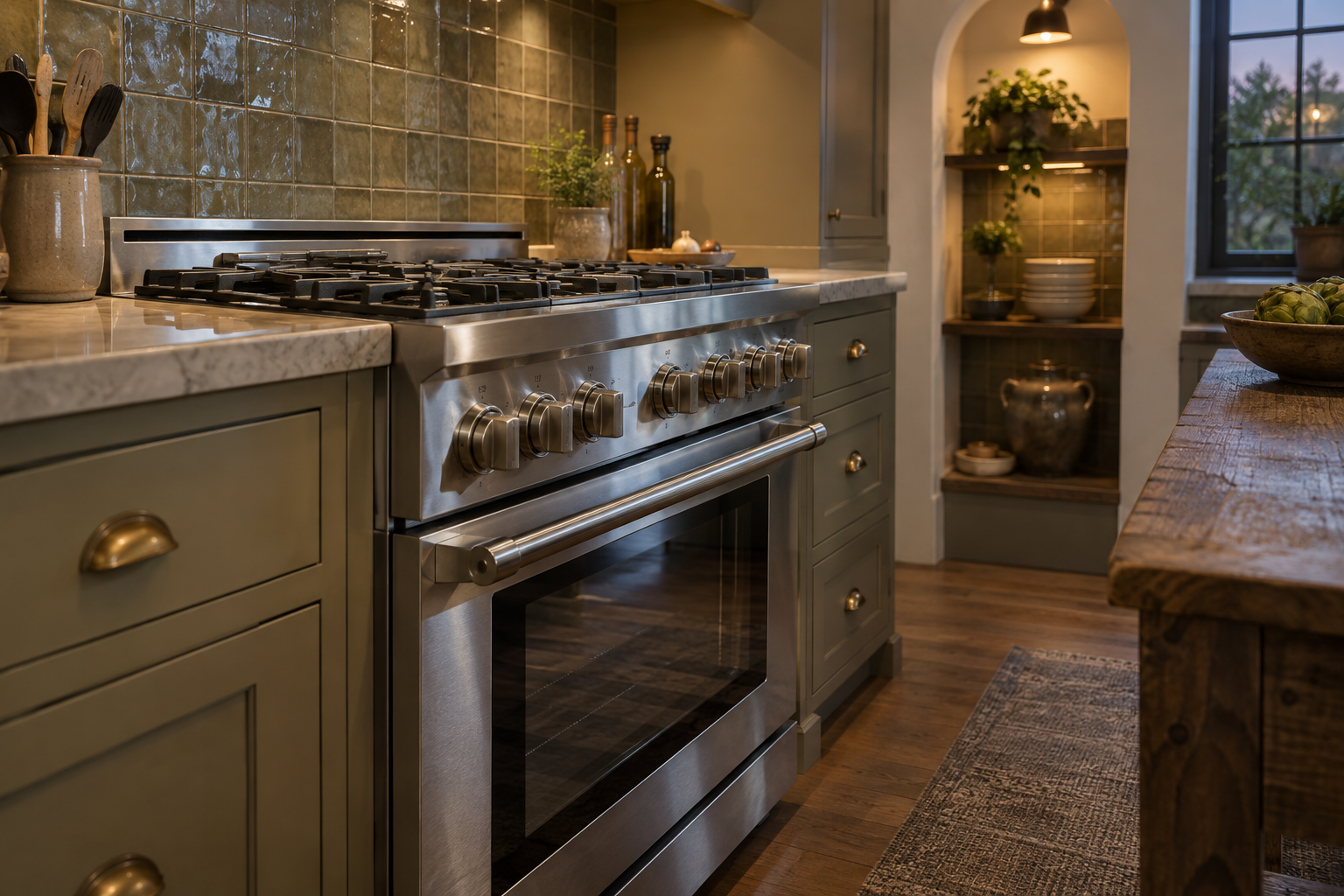 Illustrative Thermador range in a residential kitchen — AI image for Viking Repair Easton